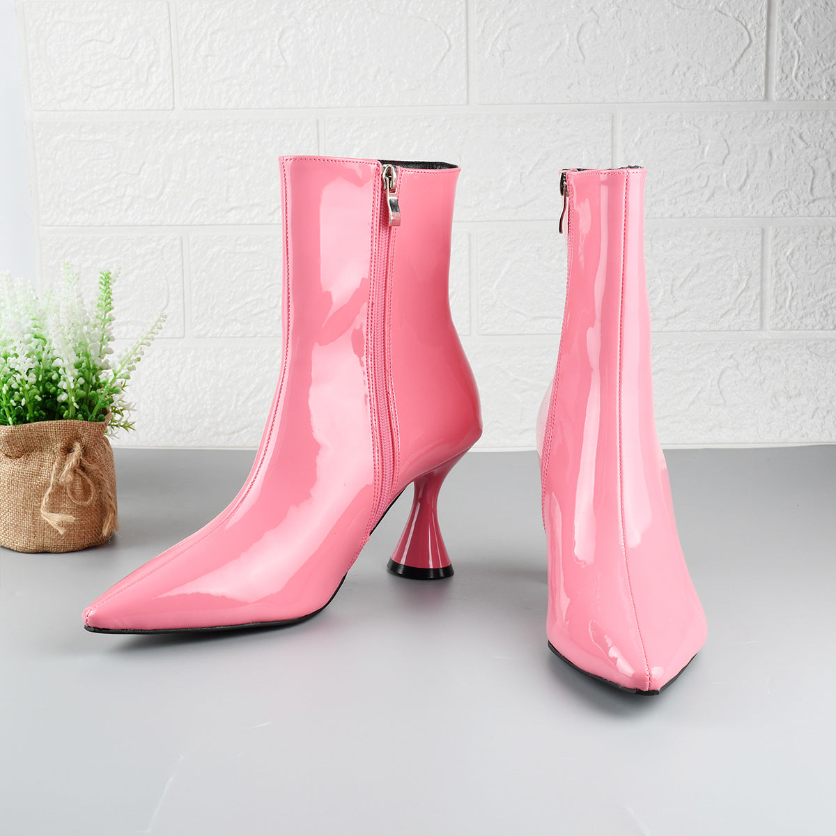 4  | Women Boots Pointed Toe Ankle Boots Side Zipper Shoes | Pink |  Size35| thecurvestory.myshopify.com