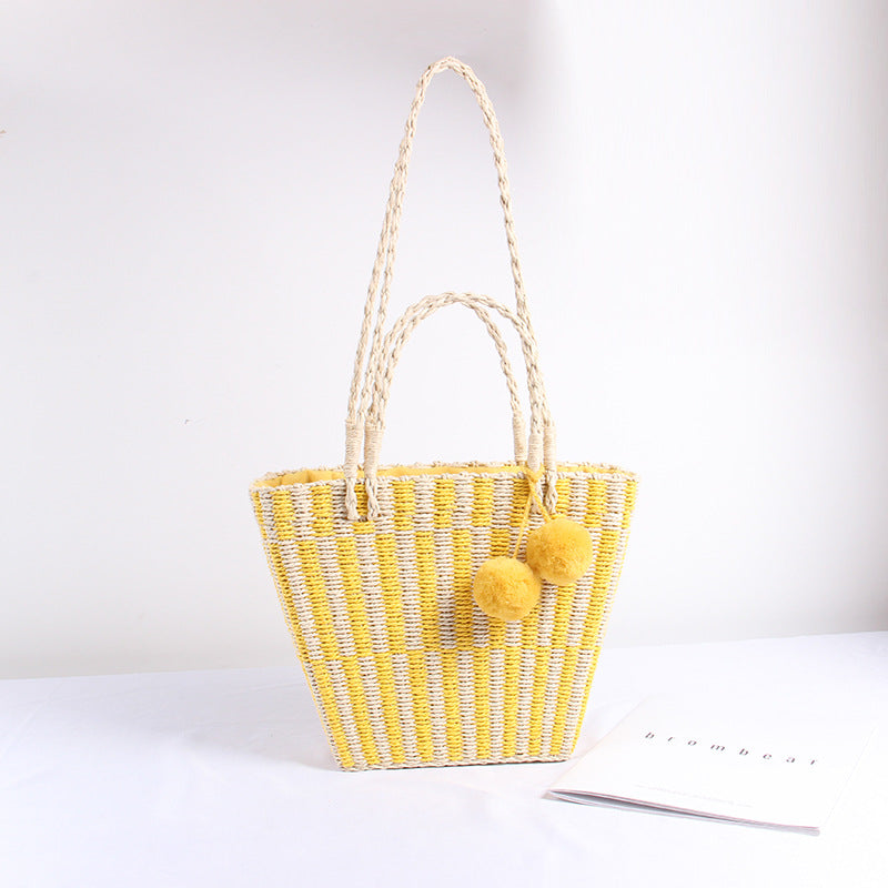 Women's Large Shoulder tote Bag with Pom Pom  straw Bags Thecurvestory