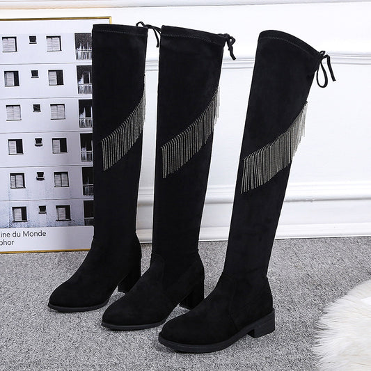 Boots  | Over The Knee Boots Faux Suede Rhinestone Fringe Trim Boots | thecurvestory.myshopify.com