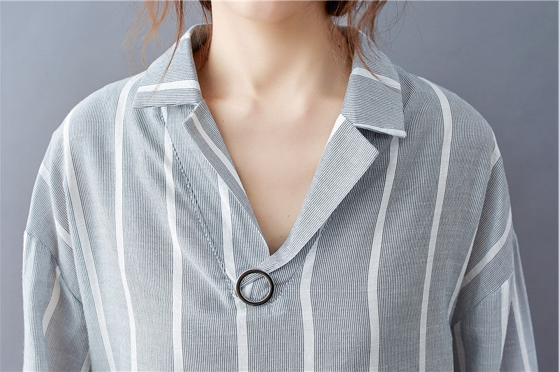 [product_type]  | Loose And Slim Striped V-neck Long-sleeved Shirt | [option1] |  [option2]| thecurvestory.myshopify.com