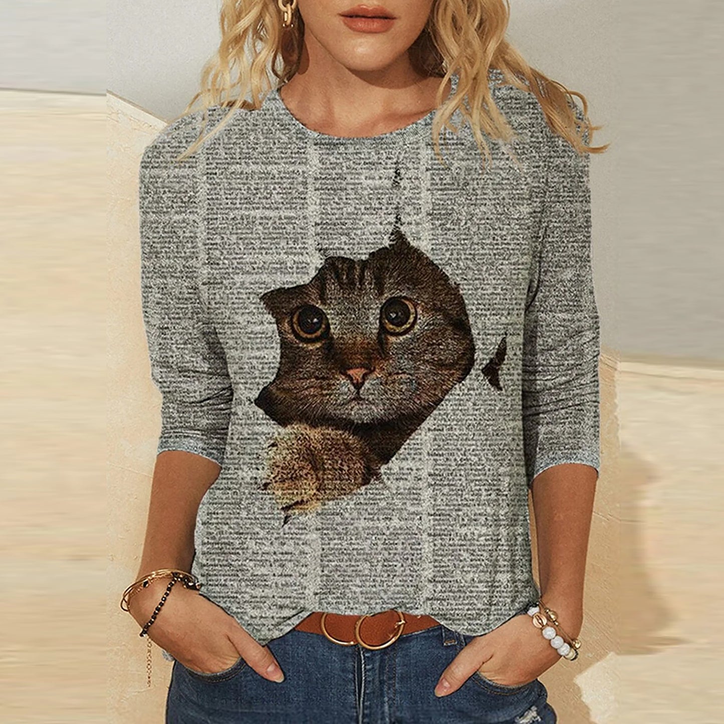 Tshirt  | Knitted Long Sleeve Printed Round Neck Women's T-Shirt | 7style |  2XL| thecurvestory.myshopify.com