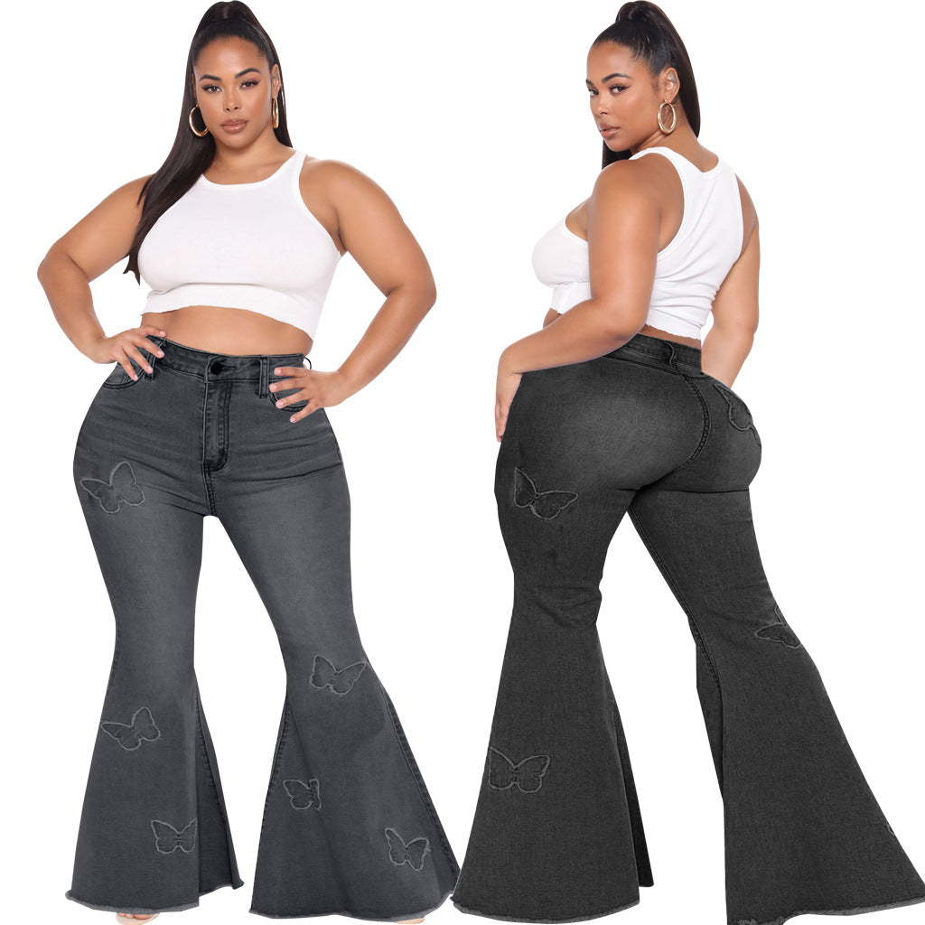 Plus Size Butterfly Embellished Wide Leg denims  Jeans Thecurvestory
