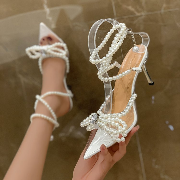 Heeled Sandals  | Women Rhinestone and Pearly Studded pointed heels | Silver |  36| thecurvestory.myshopify.com