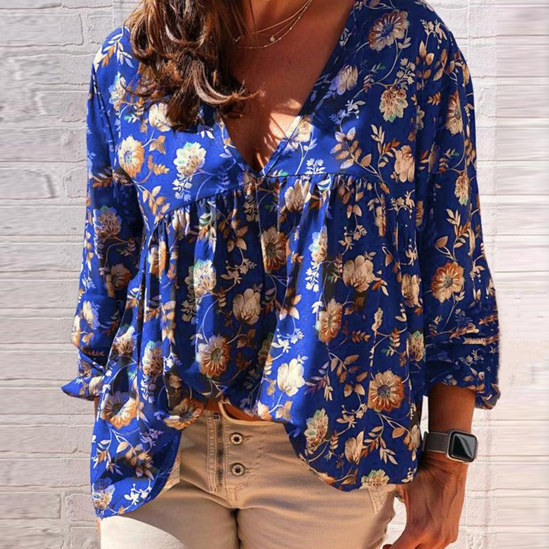 Plus Size  V-neck printed long-sleeved Top  Tops Thecurvestory
