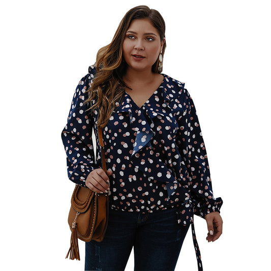 Plus Size Polka Dot Ruffled Long-sleeved Top  Tops Thecurvestory