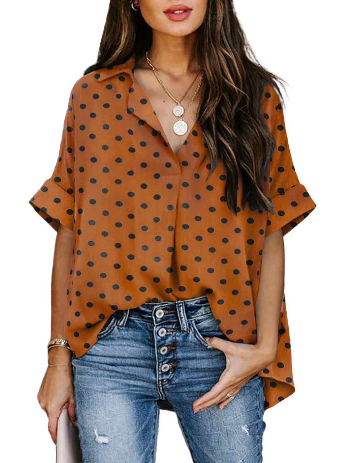 Shirt  | Plus size Women's Casual V-Neck Short Sleeve Shirt | Brown polka dots |  3XL| thecurvestory.myshopify.com