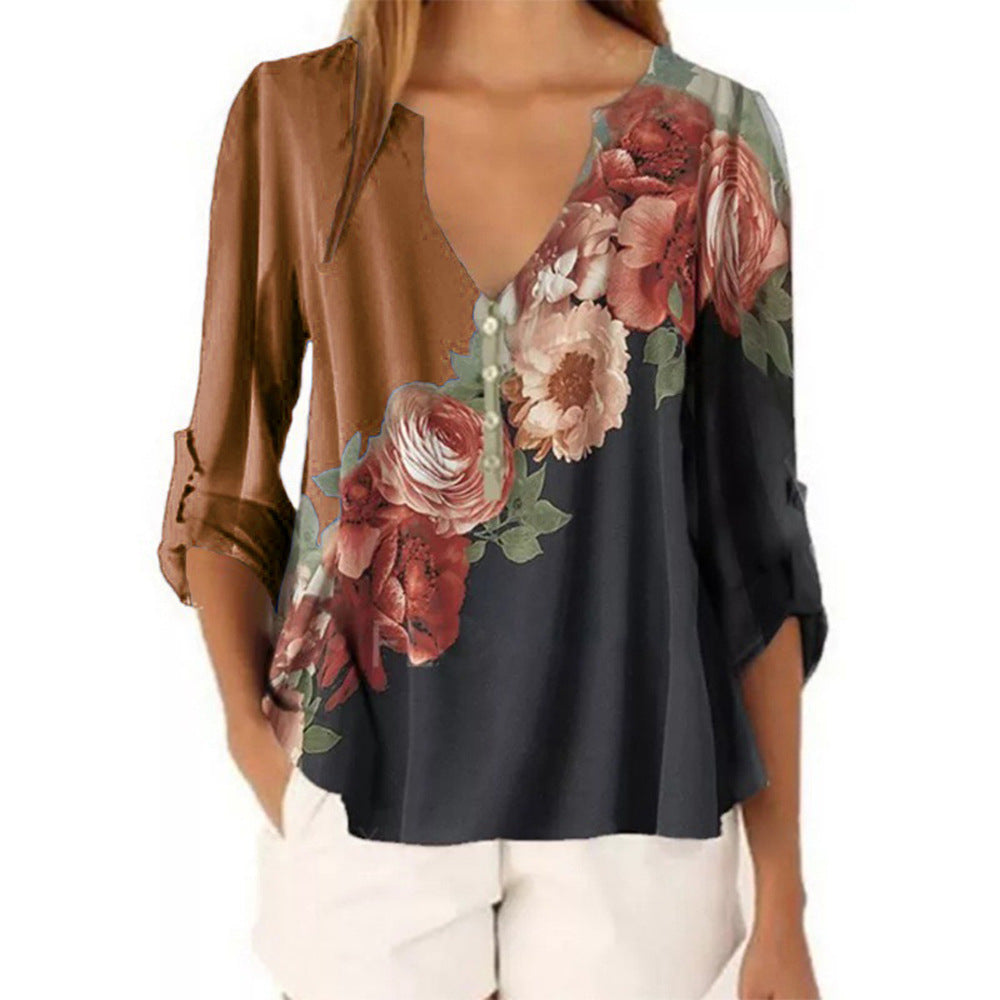 Shirt  | Plus size Floral print shirt for women | Brown |  L| thecurvestory.myshopify.com