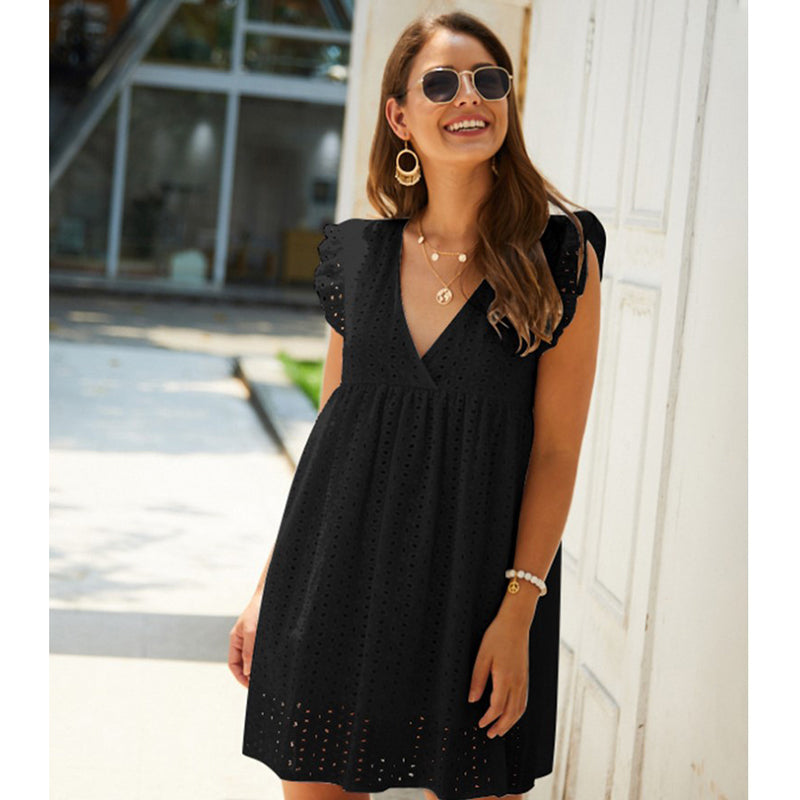 [product_type]  | Summer V-neck Cotton Short Skirt Solid Color Dress | Black |  L| thecurvestory.myshopify.com