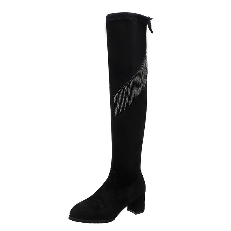 Boots  | Over The Knee Boots Faux Suede Rhinestone Fringe Trim Boots | thecurvestory.myshopify.com